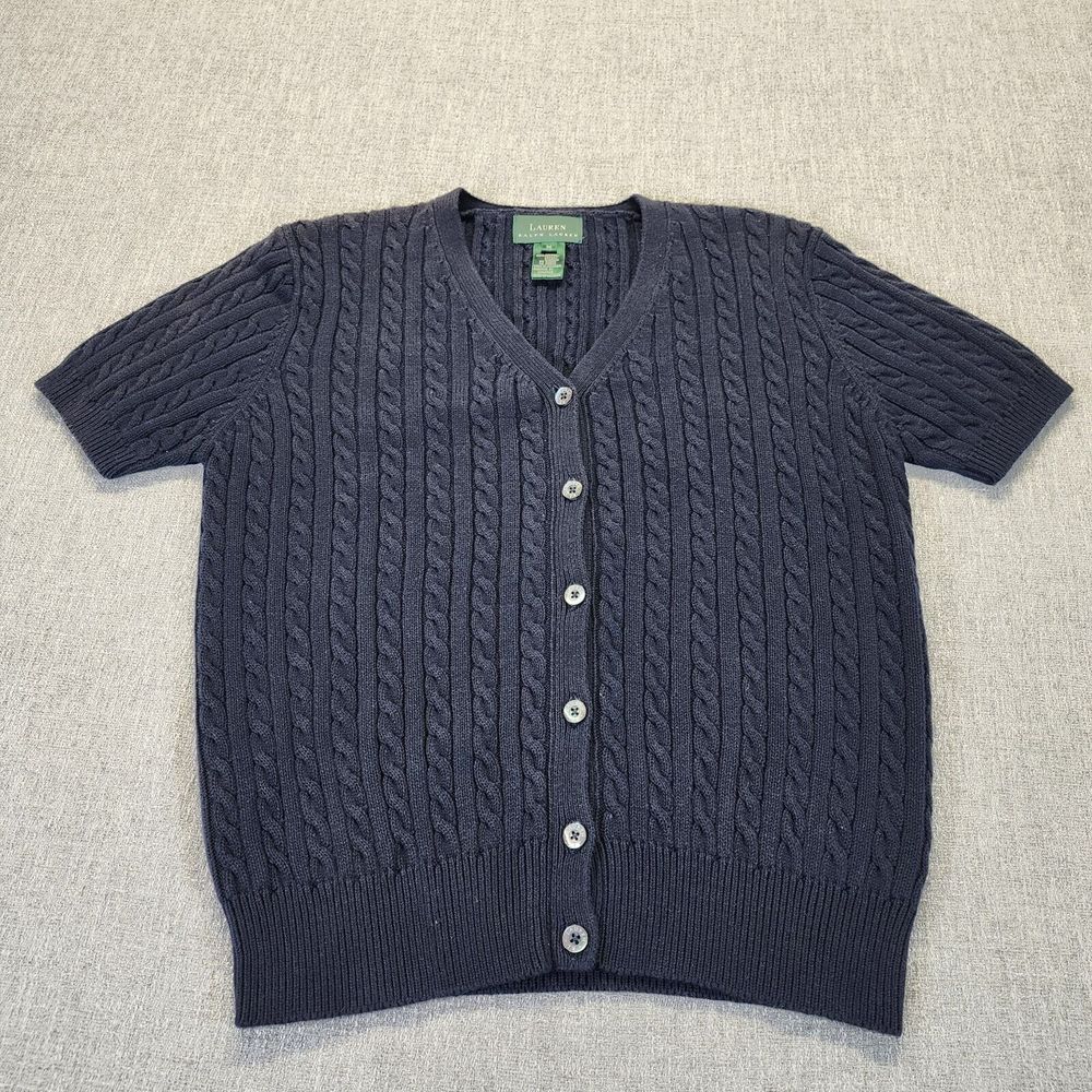 Lauren Ralph Lauren Cardigan Sweater Womens Medium Navy Cable-Knit